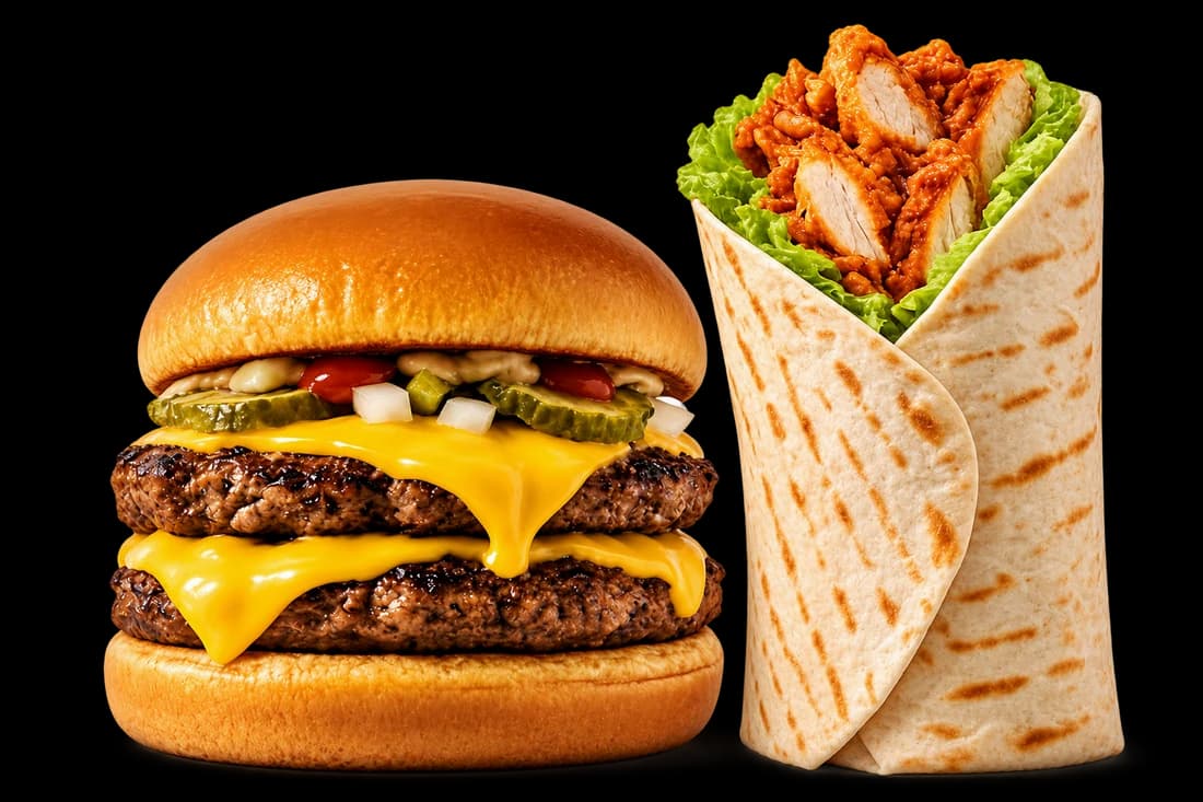 Angus beef cheeseburger and a chicken wrap with lettuce, isolated together
