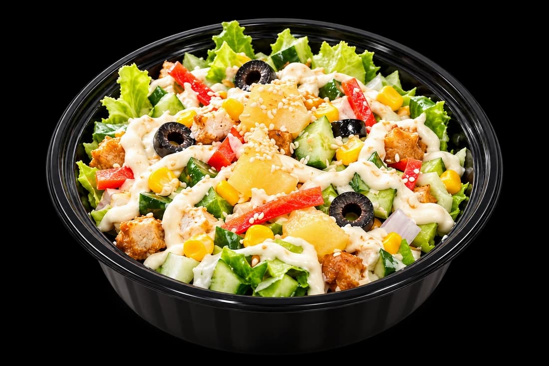 A complete black bowl of Green Keto Salad with lettuce, olives, and colourful vegetables