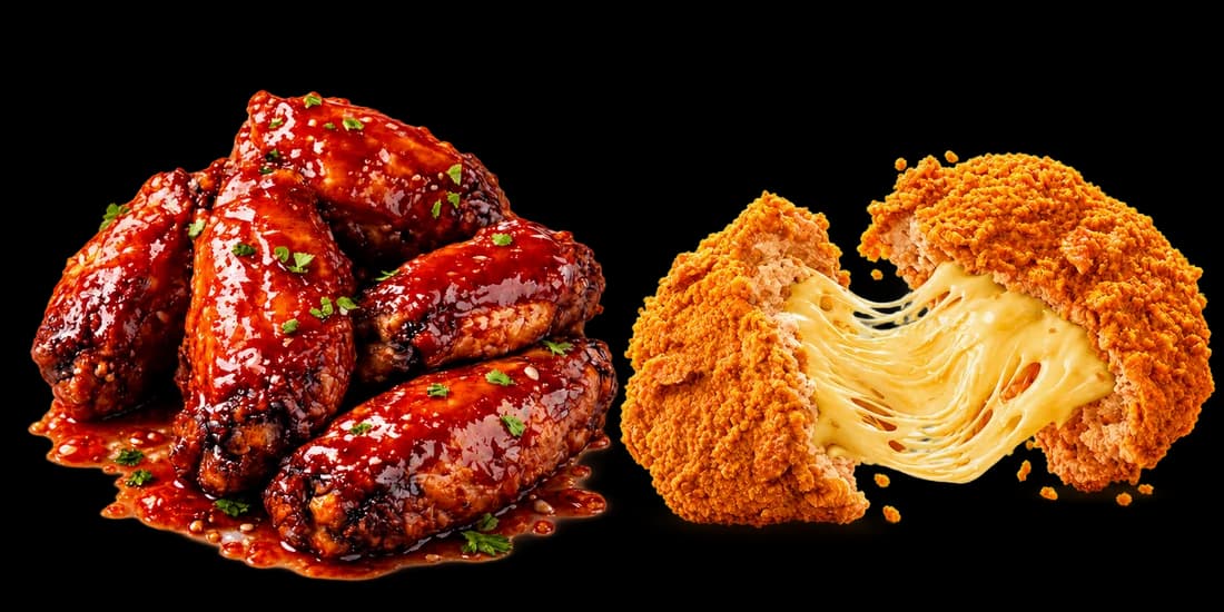 Glazed chicken wings alongside crispy lava nuggets with a melting cheese centre