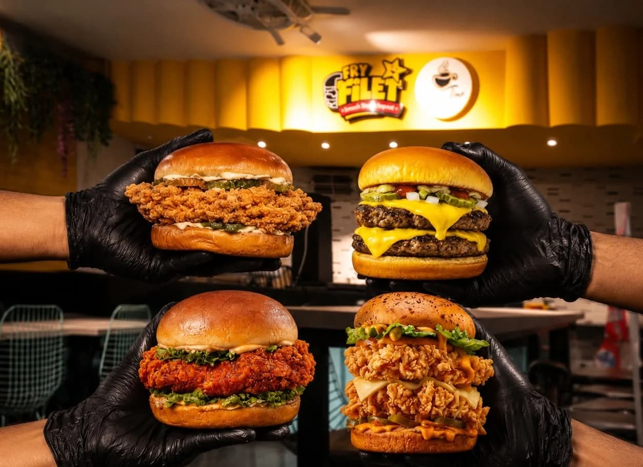 Four crispy chicken and beef burgers held up in front of the Fry Filet restaurant