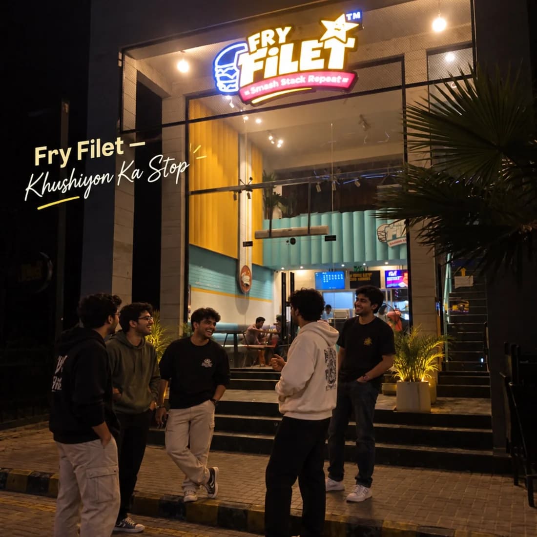 Supplied Fry Filet storefront artwork showing the illuminated logo, entrance, and people gathered outside